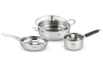 Lifelong 4 piece Stainless Steel cookware Set | 22 cm Kadai & Fry Pan 22 cm with Glass Lid | 14 cm Sauce Pan | Sandwich Bottom | Induction & Gas Stove Compatible (Silver, LLSSKFS01)