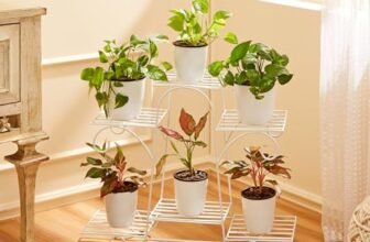 Amazon Basics Metal Planter Stand for Living Room, Indoor Outdoor Plant Stand for Balcony and Home Decor, Holds 6 Planters, White
