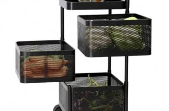 Homeor 3 Layer Kitchen Trolley with Wheels | 360° Rotating Metal Storage Rack for Vegetables, Fruits, Onion & Spices | Square Multipurpose Kitchen Organizer Stand | Metal Kitchen Trolley, Matte Black