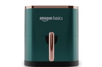 Amazon Basics 3.5L Electric Air Fryer | 1200 W | Temp. Settings Up to 200°C | 7 Pre-set Options | 360° High Speed Air Circulation | Non-Stick Coated | Touch Control Display | 1 Year Warranty (Green)