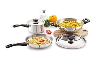Anjali FP3PCS Fiesta Pro Stainless Steel 3 Pieces Set Having One Kadai with Lid 2 litres One Fry Pan 1300 ml and Sauce Pan with Lid 1450 ml Compatible with Induction Base