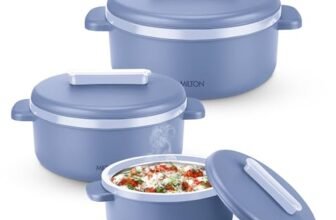 MILTON Micronova Jr. Gift Set Inner Stainless Steel Casserole, Set of 3 (380 ml, 775 ml, 1345 ml), Light Blue, BPA Free, Food Grade, Hot and Cold, Microwaverable Steel, Dishwasher Safe, Chapati, Roti