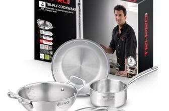 Bergner Tripro Triply Stainless Steel 4 Pc Cookware Set, 24 cm Indian Wok/Kadai with Lid, 22 cm Frypan, 16 cm Tea Pan, Even and Fast Heating, Induction Bottom, Gas Ready, Silver