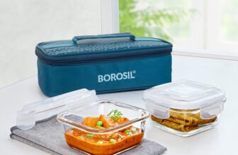 BOROSIL Teal Lunch Box with Bag, 2pc (320 ml x 2 Square), Horizontal Glass Office Tiifin 2 Containers Glass Office Lunch Box(320 ml)