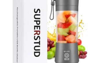 SUPERSTUD Portable Blender Electric Juicers Fruit Mixers USB Rechargeable Smoothie Mini Personal Juicer For Home – 6 Blades Mini Smoothies & Juices; Office, & Kitchen (Royal Gray)