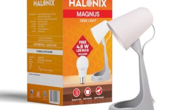Halonix PolycarbonateMagnus Desk Light | with 4.9W Led Bulb | B22 Holder | Light Weight | Easy to use Study lamp | Designer Study | with Fixed Head lamp, Beige