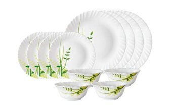 Larah by Borosil Green Herbs Opalware Dinner Set, 12 Pieces, White