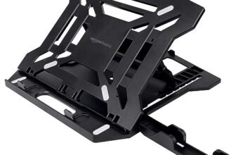 Amazon Basics ABS 2-in-1 Laptop and Mobile Stand, Ergonomic, Adjustable Height, Anti-Slip Base, Heat Dissipation, Portable, Lightweight, Compatible with All Laptops Up to 15.6″ (Black)