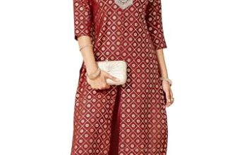 Janasya Women’s Maroon Chanderi Silk Embellished Gold Printed Front Slit Kurta Pant Set