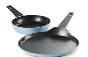 TRAMONTINA Aura Cookware Set of 2- Frypan 20cm, Dosa tawa 28cm | Reinforced Ceramic Non-Stick Cookware | Quick & Even Heating | Low-Oil Cooking | Bakelite Handle | Induction & Gas | Blueberry