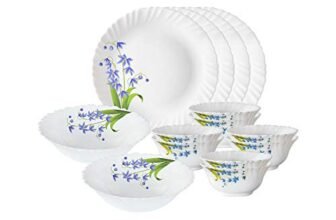 Larah by Borosil Fluted Series Lavender Opalware Dinner Set | 14 Piece for Family of 4 | Microwave & Dishwasher Safe | Bone-Ash Free | Crockery Set for Dining & Gifting | Plates & Bowls | White