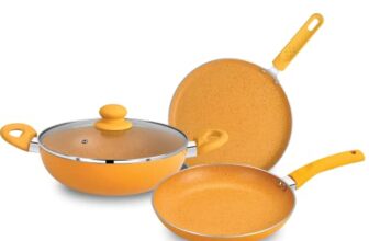 BERGNER Aluminium Jazz Non Stick Cookware Set 4Pc-Kadhai with Glass Lid 24Cm, Dosa Tawa 28Cm, Frypan 24Cm with Induction Compatible, Soft Touch Handles, Pfoa Free, Yellow
