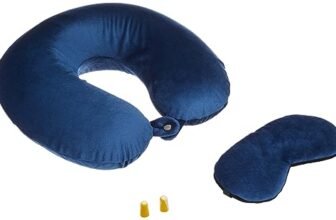 Amazon Basics 100% Memory Foam Travel Neck Pillow with Eye Mask and Ear Plugs Combo|Ergonomically Designed for Ultimate Comfort, Perfect for Air, Car, Train, Bus Travel – Navy Blue, Standard Size