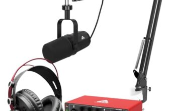 Audio Array Professional Dynamic Bundle with Headphones & Audio Interface – USB/XLR Dynamic Microphone, 24-bit/192kHz Interface, Boom Arm & Semi-Open Headphones | Plug & Play Podcast Kit – PB-12