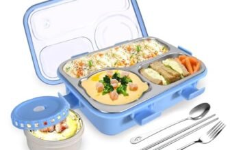 TEC TAVAKKAL Lunch Box 3 Compartment Leak-Proof BPA Free Stainless Steel, Lunch Box for Kids, Lunch Box for School & Office with a Fork, a Spoon and a Pair of Chopsticks (Blue), 750 ml
