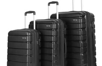 Teakwood Small-Medium-Large 8 Wheels Trolley Bag, Hard Cabin with Zipper Closure, Adjustable Push Button & Cross Side Strap, TSA Lock System 360 Degree (Set of 3, Black)