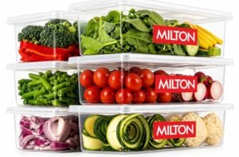 MILTON Cryo Fridge Storage Boxes Set of 6 Fridge Organizer Container with Waterproof Vinyl Stickers & Removable Drain Plate, Lid, Stackable Box, Plastic Containers 1500 ml, Transparent