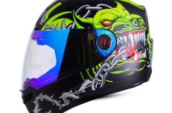 Steelbird SBA-1 Angry Dog ISI Certified Full Face Graphic Helmet for Men and Women (Medium 580 MM, Glossy Black Neon with Night Vision Blue Visor)