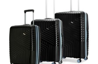 LAttitude By Provogue Core Set of 3 Trolley Bags Cabin + Medium + Large Polypropylene Hard Suitcase, 8 Spinner Wheels, Recessed Number Lock, Luggage for Men & Women Midnight Black/Arctic Blue