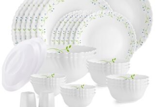 CELLO Tropical Lagoon Dazzle Series Opalware Dinner Set of 37 Pieces For Family of 6 | Bone-Ash Free & Leadfree Opal Glass, Microwave & Dishwasher Safe Plates & Bowls Crockery Set For Dining & Gifting