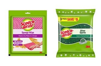 Scotch-Brite Sponge Wipe Large for Kitchen Cleaning(1 Unit) & Scotch-Brite Silver Sparks Scrub pad 3s Pack x 3 Pack for dishwashing (9 Units)