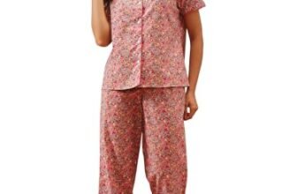 Clovia Women’s Cotton Floral Printed Button Down Shirt & Pyjama Set (LS0264D14_Pink_M)