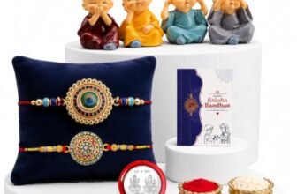 Oblivion Rakhi for Brother with Baby Buddha – Round Shape Colorful Rakhi 2 Pcs with Monk Figurine Idol 4 Pcs, Silver Color Coin, Greeting Card & Tilak Set – Traditional Raksha Bandhan Celebration Combo Pack