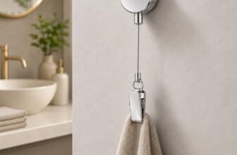 Stainless Steel Retractable Towel Holder Clip with Self Adhesive Wall Mount – Punch Free Dish Cloth Hanger with 60 cm Pull Cord for Kitchen Bathroom Hand Towels, Rags & Cleaning Cloths