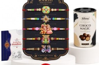 DeoDap Rakhi with Chocolate for Brother – Multi Design Colorful Rakhi 5 Pcs with Choco Magic Chocolate (96g) with Silver Color Pooja Coin, Greeting Card & Tilak Set – Traditional Raksha Bandhan Combo