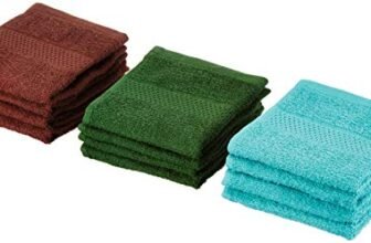 Amazon Brand – Solimo Cotton 12 Piece Face Towel Set, 380 GSM (Baltic Blue, Mint Green, Brick Red)