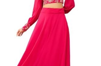 Janasya Women’s Pink Georgette Embroidered Top With Skirt Set