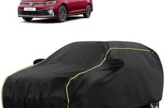 Sulfar 100% Water Resistant Car Body Cover Compatible with Mirror for Volkswagen Virtus (Triple Stitched, Full Bottom Elastic, Black Tafetta with Yellow Piping)