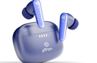 pTron Basspods Tour TWS Earbuds with 3D AudioScape, 45Hrs Playtime, TruTalk AI-ENC Calls, 50ms Low Latency Sync, BT v5.3, Type-C Fast Charging, Voice Asst. & IPX5 Water Resistant (Blue)