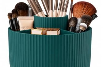 Zollyss 360° Rotating Makeup Brush Holder with 5 Compartments | Makeup & Skincare Organizer for Vanity, Bathroom & Desktop | Green