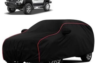 Sulfar 100% Water Resistant Car Body Cover Compatible with Mirror for Force Gurkha (Triple Stitched, Full Bottom Elastic, Black with Red Piping)
