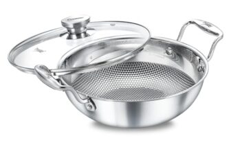 Prestige Tri-Ply Designer Stainless Steel Cookware Kadai | 20cm / 1.6L | with Glass Lid | Durable & Even Heat Distribution | Silver