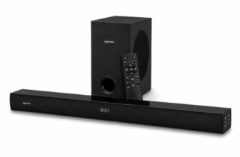 amazon basics 160W Soundbar with Subwoofer, 2.1 Channel Sound System for TV, 6.5″ Bass Driver, HDMI ARC, Optical, Bluetooth 5.3, USB, AUX, Remote Control, Black