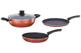 Amazon Brand – Solimo 3-Piece Non-Stick Granite Finish Cookware Set | Induction Bottom | 2-Way Non-Stick Coating | 24 cm Fry Pan, 24 cm Kadhai with Glass Lid, 28 cm Dosa Tawa | PFOA-Free