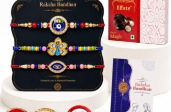 Oblivion Rakhi with Chocolate for Brother – BRO Charm, Peacock & Evil Eye Design Rakhi Combo with Chocolate Magic 32gm, Silver Color Pooja Coin, Greeting Card & Tilak Set (K3_1018+1066+1007_EM32)