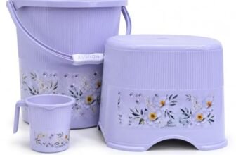 SmartSlide Bathroom Set 3-Pieces – Bucket (18 litres) with Mug (1 litres), Stool, Bathroom Accessory Set of 3, Plastic, Grey (3)
