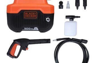 BLACK+DECKER BEPW1600H 1300W 1600 PSI 110 Bar Horizontal Pressure Washer for Car, Bike, Home & Garden Cleaning Use with Multiple Accessories Included, 1 Year Warranty, Orange & Black