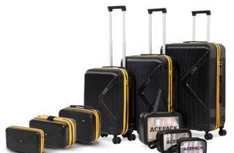ACEPACK – Brampton – Family Set of 9 Pcs – Set of 3 Suitcase (S+M+L) + 3 Pcs Vanity Cases (8″+10″+13″) + 3 Waterproof Organisers, PC Hard Shell with 360° Spinner Wheel, Number Lock, 3 Years Warranty