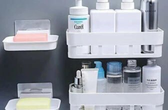 KYASO Pack of 4 Wall Mount Bathroom Shelf and Soap Rack for Home and Kitchen. Adhesive Sticker Support Without Drilling. (2 Bathroom Shelf + 2 Soap Dish, White Color)(White)