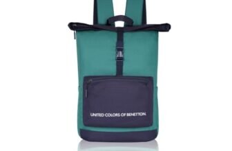 United Colors of Benetton Grand Slam 30L Roll-Top Laptop Backpack – Dark Green+Navy Color | Fits 14-inch Laptops | Secure Buckle Closure & 1-Year Warranty