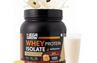 Megagrow Whey Protein Isolate – Cookies & Cream Flavor | 25g Protein per Serving, 4.23g BCAA, 3.98g L-Glutamic Acid | 34 Servings | Low Carb & Fat | Fast Absorption | Lean Muscle, Strength & Recovery Support