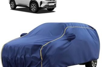 Sulfar 100% Water Resistant Car Body Cover Compatible with Mirror for Tata Curvv (Triple Stitched, Full Bottom Elastic, Blue Tafetta with Yellow Piping)