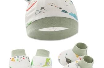 Bembika Cotton Baby Mittens – Soft, Non-Slip Baby Mittens & Socks for Winter, Warm Infant Cap for Scratching, 0-3 Months, Newborn Baby Mittens-(Little Dinosaur)