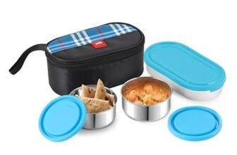 CELLO MF Trent Plus Lunch Box with Bag for Office, Blue | 300ml x 2 Steel Containers, 500ml Oval Plastic Containers, Leak Proof Airtight Snap Lock Lid Tiffin Box Set for School Kids, College & Travel
