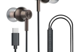 Kratos Tune V6 C Type Earphones Wired, Deep Bass Drivers Earphone, Inline Control Type c Headphones with Mic, Comfort Fit Type c Earphone with Volume Control,Metallic C pin Earphones (Brown)