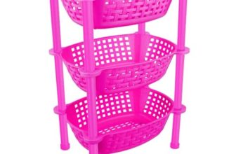 Sulfar Multipurpose Plastic Trolley with Dish Rack for Kitchen Vegetable Storage Basket Modern Organizer – 3 Layer Stackable Shelf Cart Food, Snacks, Bottles, Toys, Tiered Shelf (Pink)